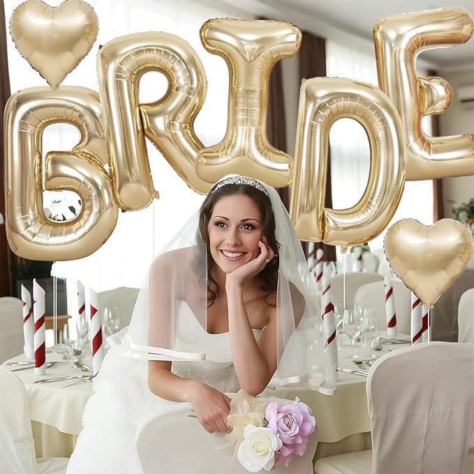 40inch Champagne Gold BRIDE Letter Balloons, Giant Light Gold Bride Foil Helium Balloon Banner with Heart Balloon for Bride to Be Wedding Engagement Bridal Shower Gold Bachelorette Party Decoration