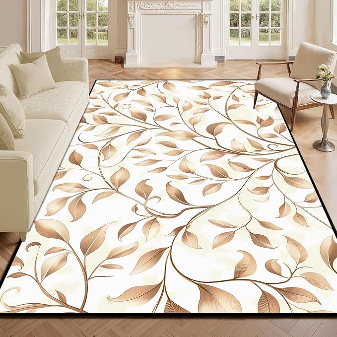 Botanical Leaf Vine Area Rug Beige Floral Branch Print Rug for Bedroom Living Room Kitchen Nursery Playroom Home Decor Non-Slip Washable Floor Mat Modern Farmhouse Carpet,5'x7'