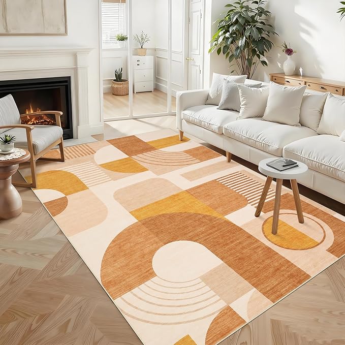 CAROMIO 8x10 Living Room Rugs Washable, Boho Geometric Large Area Rug for Bedroom Dining Room Soft Low Pile Non-Slip Indoor Rugs for Playroom Dorm Girls, Orange Multi, 8'x10'