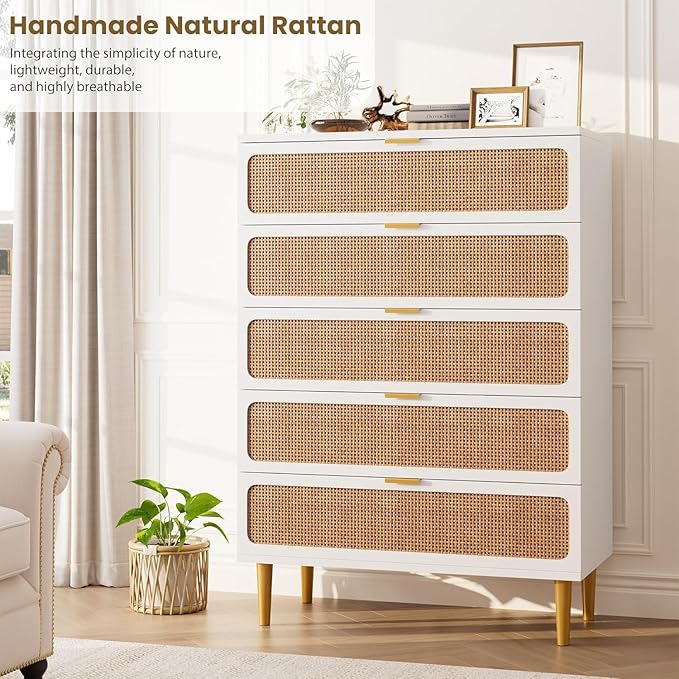 Garvee Rattan Dresser with 5 Drawers, Tall Modern Closet with Deep Storage, Large Chest of Drawers with Wide Top, Long Wooden Dresser for Bedroom, Living Room, Hallway, Kids Room, White