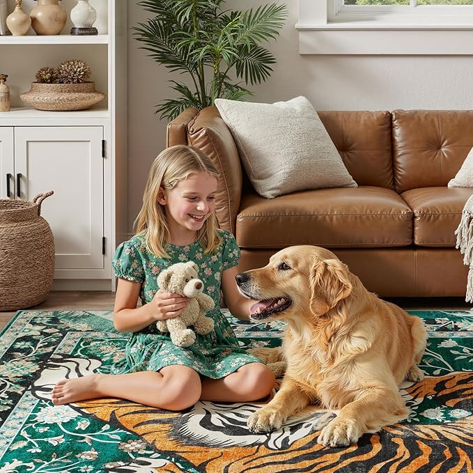 DCX Washable 9x12 Tiger Area Rug, Green Vintage Animal Rug for Living Room, Soft Low Pile Carpet, Kid & Pet Friendly with Rubber Back Non Slip, Stain Resistant Rug for Bedroom Dining Room Office