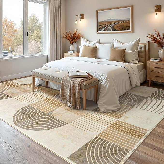 Area Rugs for Bedroom Living Room 4x6 - Soft Beige Mid Century Modern Rug, Washable Non-Slip Indoor Floor Mat Abstract Neutral Carpet for Dining Room Nursery Office Home