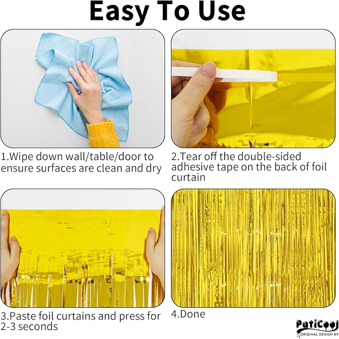 Christmas Decorations Thicken Gold Streamers, 4 Pack 3.2 x 8.2 FT Golden Tinsel Backdrop Curtains, Foil Fringe Photo Backdrop for Birthday, Prom, Hollywood, Anniversary Party Decorations