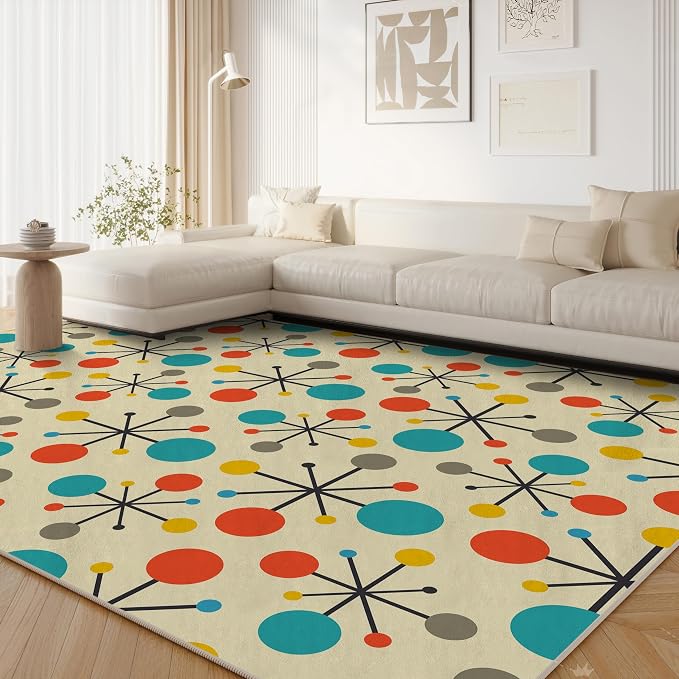 8x10 Retro Area Rug for Living Room Bedroom Dining Room, Mid Century Modern Atomic Living Room Rug Non-Slip, Yellow Floor Rug Carpet Machine Washable