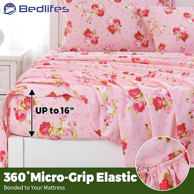 Bedlifes Full Floral 4-Piece Sheet Set - Cooling Sheets Blend Rayon Derived from Bamboo,Soft & Breathable, Deep Pocket 16", Wrinkle Resistant - Vibrant Boho Floral in Rose Pink