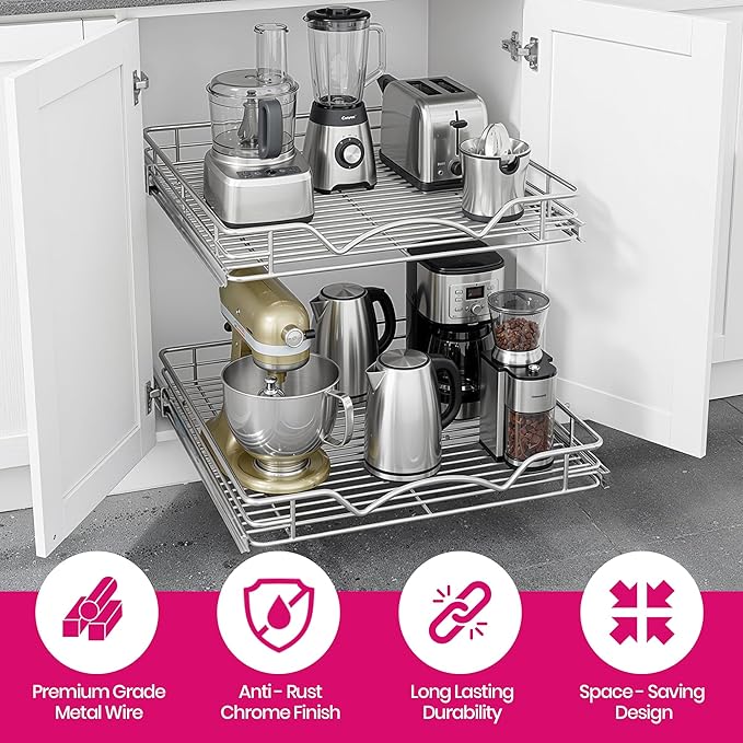 HOLDN’ STORAGE Two Tier Pull Out Cabinet Organizer, Individual Sliding Drawers - Heavy Duty Metal with Lifetime Limited Warranty - Anti Rust Chrome Finish - 30" W x 21”D x 16.5" H