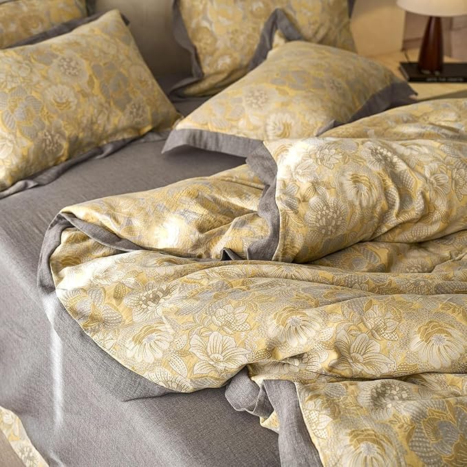 LifeTB Golden Floral Jacquard Duvet Cover Queen 3 Pieces Cotton Yarn-Dyed Textured Duvet Cover Vintage Flower Comforter Cover with Edge Design Boho Floral Bedding Duvet Cover with 2 Pillowcases
