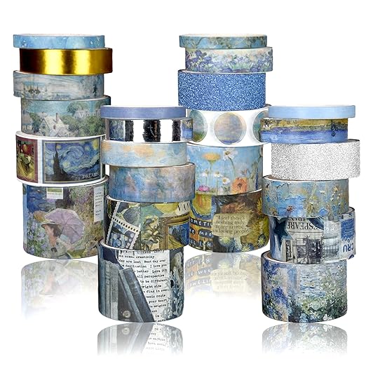 Sifaolp Washi Tape Set, 24 Rolls Vintage Washi Stickers, Assorted Sizes, for Junk Journal Scrapbook Tape, Bullet Journaling Scrapbooking Supplies, Planner Sticker DIY Craft DéCor (Blue)
