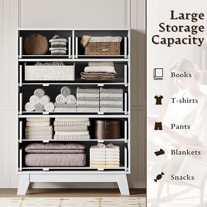 BORNOON 46" Tall Dresser for Bedroom, 6-Drawer Fluted Chest of Drawers, Modern Wood Highboy with Deep Storage, Metal Slides and Handles, Anti-Tip Kit, Vertical Clothes Organizer for Apartment, Nursery