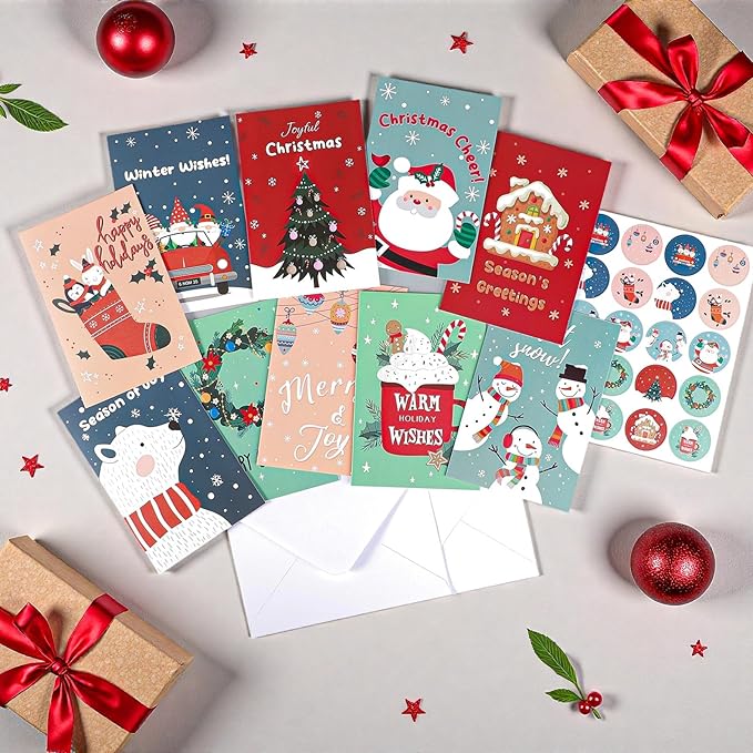 Thboxes 40 Pack Christmas Cards with Envelopes, 4x6 Inch Merry Christmas Cards, Funny Holiday Card with Envelopes & Stickers, 10 Assorted Designs Greeting Card for Xmas
