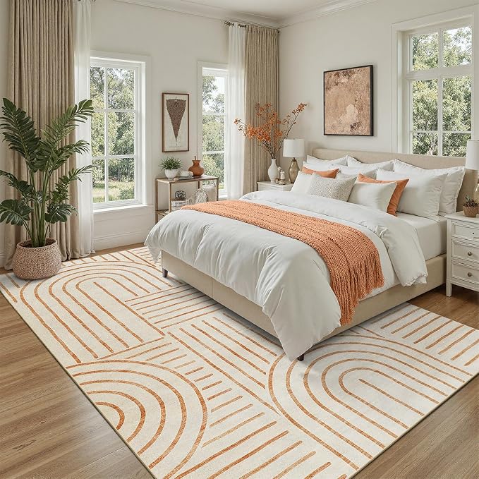 DCX Abstract Machine Washable 5x7 Rug, Orange Modern Accent Rug for Living Room, Soft Low Pile Non Slip Carpet, Kid & Pet Friendly Stain Resistant Rug for Bedroom Dining Room Office