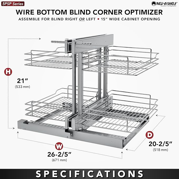Rev-A-Shelf Dual Tier Pullout Shelf Organizer for Blind Corner Kitchen or Bathroom Cabinets with Soft Close,15", 4 Shelves, Chrome, 5PSP-15SC-CR