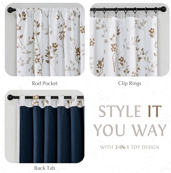 Beauoop Floral 100% Blackout Curtains 84 Inches Long 2 Panels for Bedroom Living Room Tan Brown and White Flower Patterned Room Darkening Thermal Soundproof Rod Pocket Back Tab Window Drapes, 52X84