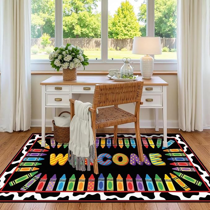 Welcome Crayon Area Rug 4'x6' Colorful Alphabet Rugs for Bedroom Living Room Nursery Playroom Classroom Home Decor Non-Slip Washable Carpet Kids Floor Mat