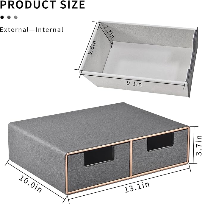 RHCSZ Linen Leather Desk Organizer with Drawers－Mini Desktop Drawer Organizer Stackable－Multifunctional Tabletop Organization Storage Box for Office Supplies Home Vanity Toiletries (Grey, 2-drawers)