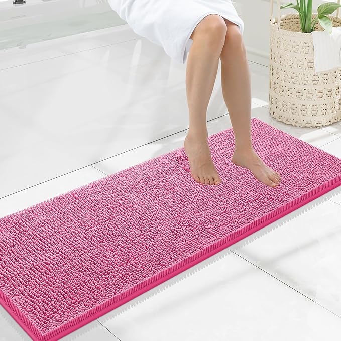 Smiry Luxury Chenille Bathroom Rugs 47x17, Extra Soft and Absorbent Shaggy Bath Mat, Machine Washable, Non-Slip Plush Carpet Runner for Tub, Shower, and Floor, Home Decor Accessories, Hot Pink