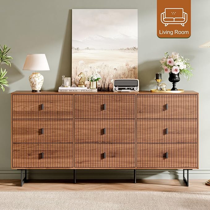 Chrangmay Modern Chest of Drawers with 9 Drawers,Deep Drawers,Clothes Organizer,Large Storage Cabinet for Living Room, Bedroom,Hallway,with Anti-Tipping Device, Walnut.