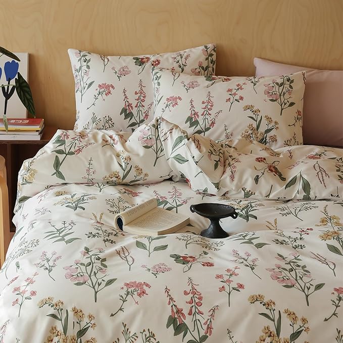 HighBuy Botanical Floral Comforter Set Queen - Pink Yellow Flower Cottagecore Coquette Bedding Comforter Set 3 Piece for Women Girls Boho Chic Fluffy Comforter Queen Size Aesthetic Bedding