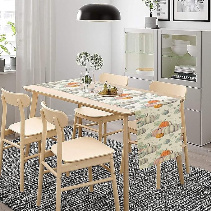 Fall Pumpkin Table Runner Vintage Leaves Plant Motifs Thanksgiving Theme Watercolor Illustration Home Decor for Farmhouse Indoor Outdoor Party Holiday Dining Kitchen Restaurant Cafe W13xL120in