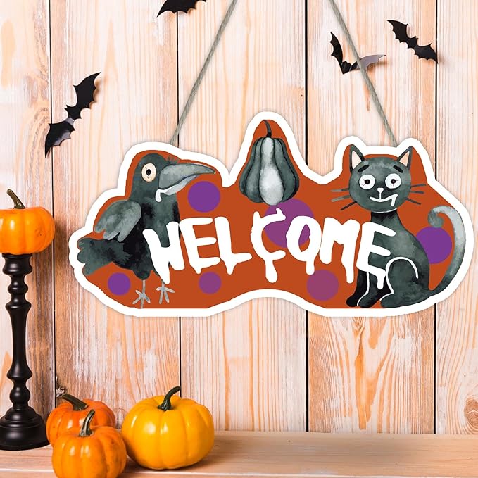 Abstract Raven & Cat Halloween Sign - 6" x 10" Rustic Farmhouse Wall Decor with Jute Rope, Perfect for Halloween, Cottage, Home, Bedroom, Witch Theme, Spooky Seasonal Wall Art. - A04