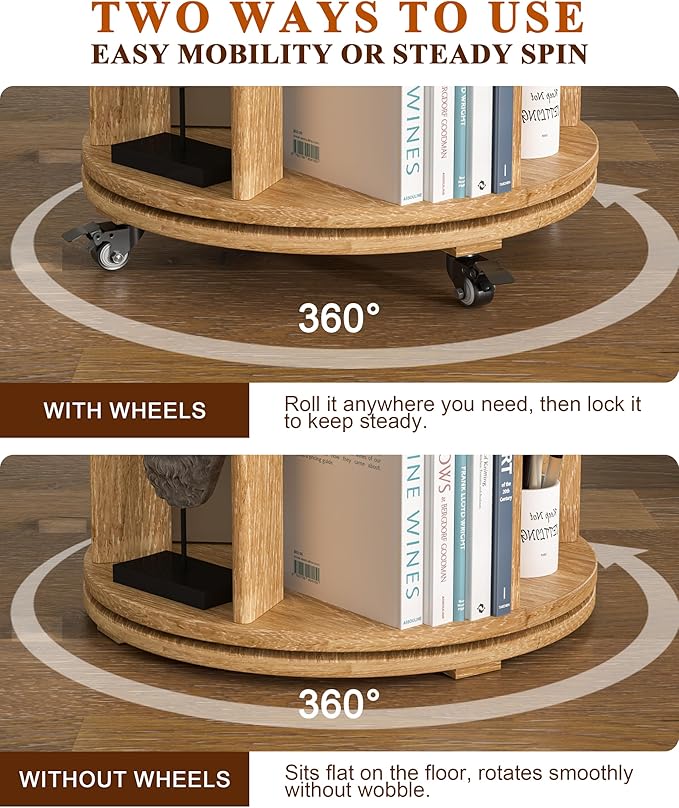 6-Tier Solid Wood Rotating Bookshelf on Wheels, 360° Spinning Book Shelf Tower, Round Revolving Bookcase Organizer, Rolling Bookshelves for Small Spaces, Corner, Bedroom, Kids Room, Office, Natural