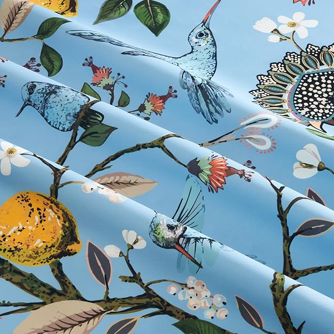Light Blue Rustic Pinch Pleated Curtains 96 Inches Long for Living Room Bedroom Blackout Vintage Art Deco Anthropologie Vintage Floral Lemon Hummingbird Drape 2 Panels
