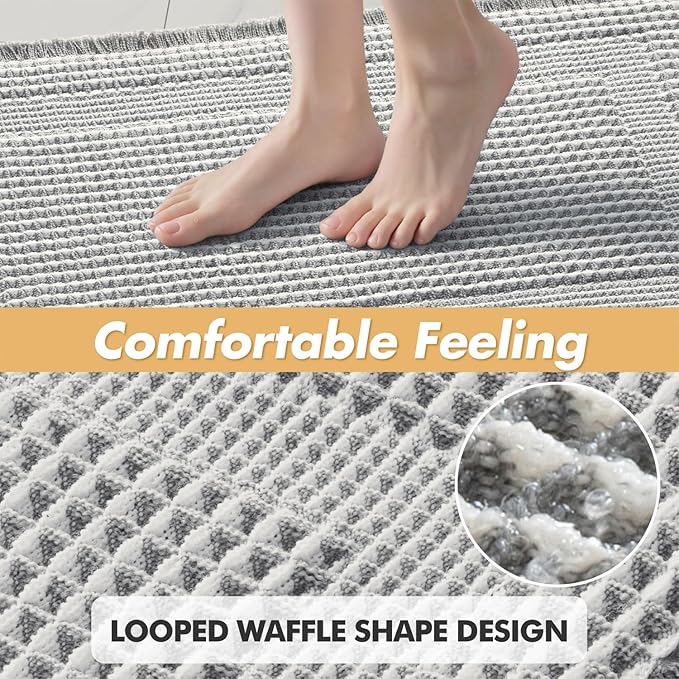 MIULEE Set of 2 Waffle Bathroom Rugs, Boho Bath Rug Super Absorbent, Non Slip Washable Ultra Soft Rubber Backed Shower Bath Mats for Floor, Tub, Shower, Looped Design, Lightgrey & Cream, 17x24 Inch