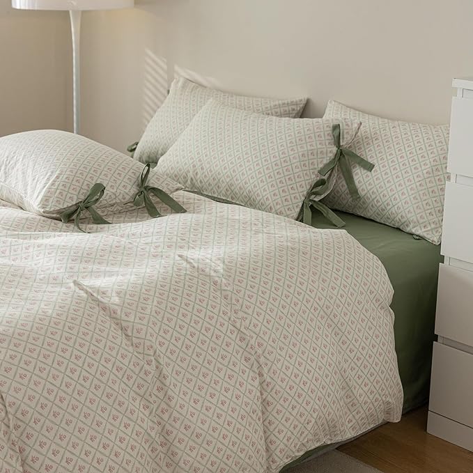 Pink Floral Duvet Cover Twin Chic Plaid Grid Duvet Cover 100% Cotton Floral Cottagecore Bedding Set for Girls Women Vintage Country Bedding Blooming Flower Comforter Cover with 2 Bowknot Pillowcases