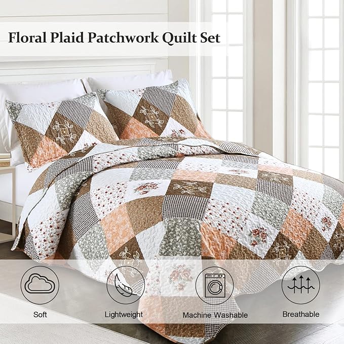 Dinjoy Floral Plaid Patchwork Quilt Set California King Size, Reversible Brown Bedding Set Soft Microfiber Lightweight Bedspread Coverlet 3 Piece Fall Autumn Use(106x96 inches, Cal King)