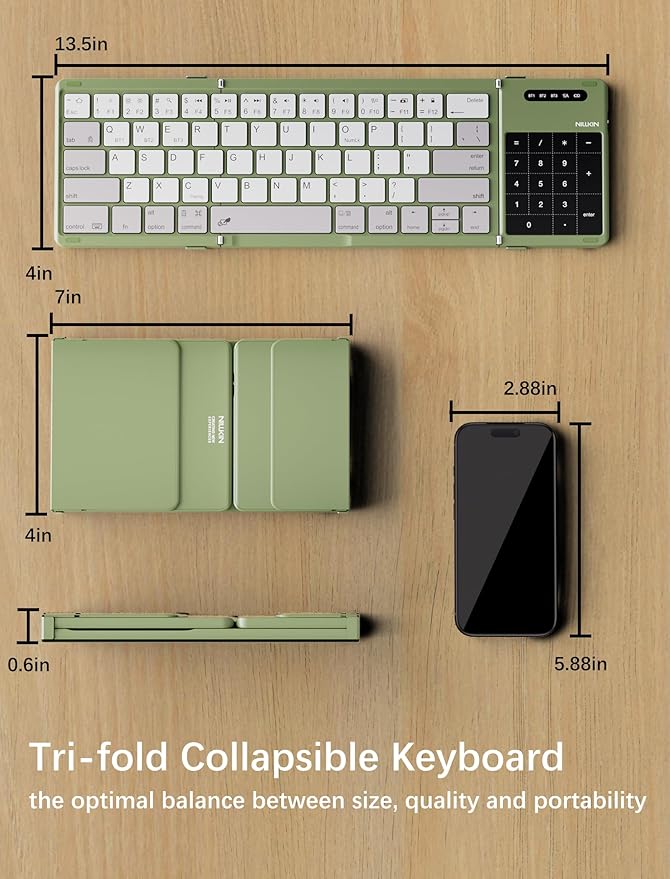 Nillkin Upgraded Foldable Bluetooth Keyboard with Touchpad & Number Pad, Portable Wireless Keyboard for Travel, Pocket-Sized, Full Size Keys, Support 3 Devices for iPad Laptop Tablets Phone, Green