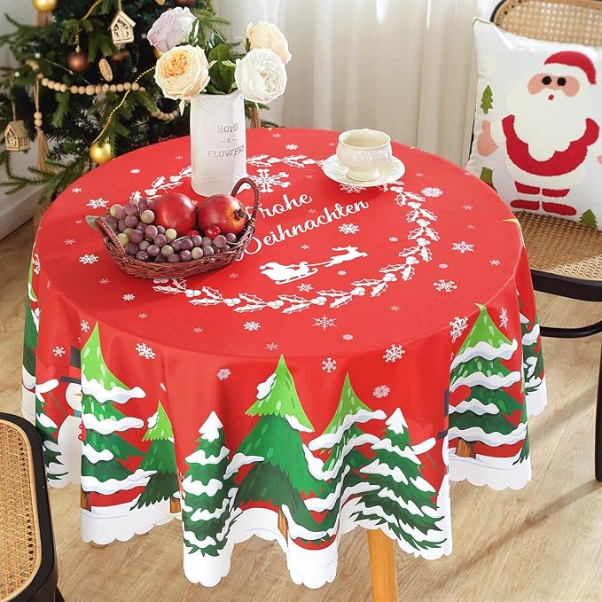 Eikione Christmas Tablecloth Round 60Inch, Christmas Tree+Santa Claus Table Cloth, Wipeable Table Cover for Picnic Party