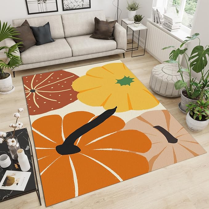 Cartoon Pumpkin Large Area Rug, Autumn Harvest Pumpkin Non Slip Print Rugs, Soft Machine Washable Carpet for Indoor Bedroom Living Room Office Decor Rug - 6 ft x 8 ft