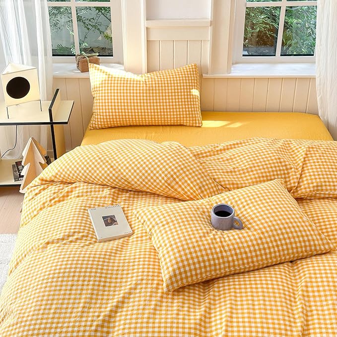 LifeTB Yellow Gingham Comforter Set Full Size Geometric Plaid Checkered Pattern Comforter Farmhouse Grid Plaid Bedding Comforter Set Soft Fluffy Lightweight Bedding Plaid Comforter for All Season