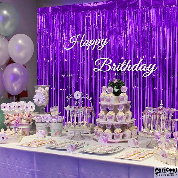Thicken Purple Streamers 2 Pack 3.3 x 6.6 FT, Purple Birthday Decrorations Tinsel Backdrop Curtains, Foil Fringe Photo Backdrop for Birthday, Halloween, Graduation Party Decorations
