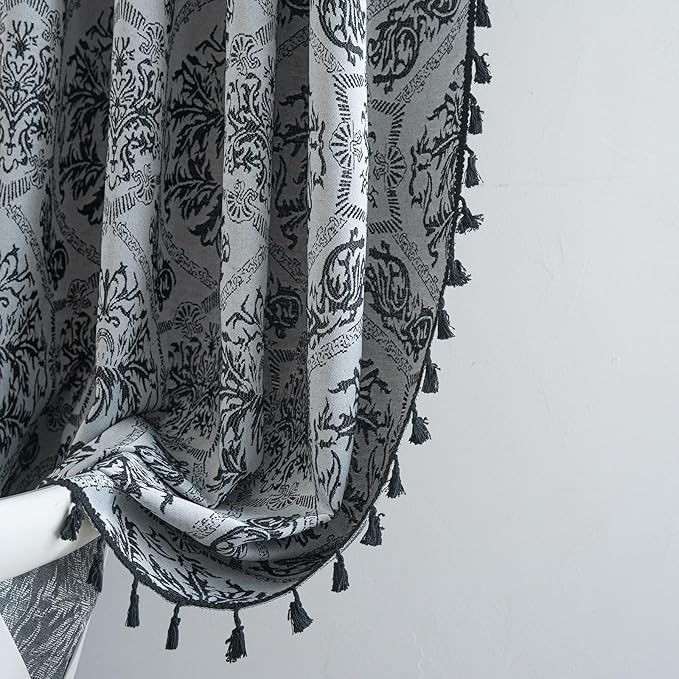 ENJOYBRIDAL Black Damask Curtains 84 Inch Long Semi Sheer Rod Pocket Drapes Bedroom Living Room 2 Panels Floor Length Window Curtain Panels Jacquard Medallion Pattern Light Filtering Window Treatments