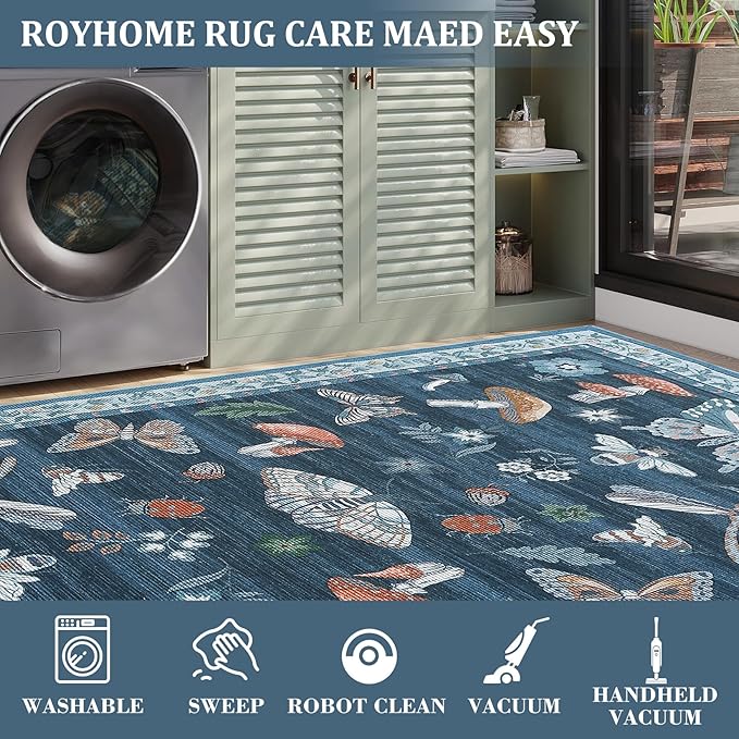 5x7 Washable Mushroom Floral Small Rug Non Slip Living Room Vintage Area Rug Low Pile Soft Bedroom Rugs Non Shedding Kitchen Rugs Boho Retro Indoor Carpet for Kids Nursery Room, Blue