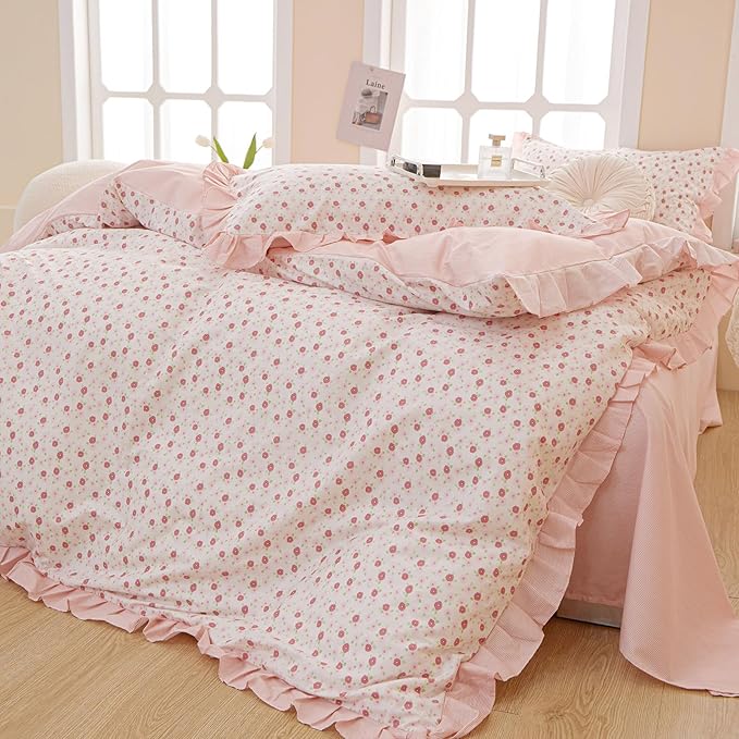 Pink Floral Comforter Set Full Romantic Ruffle Comforter with 2 Pillowcases Vintage Botanical Flowers Comforter Set for Girls Women Fluffy Soft Reversible Stripes Bedding Set with Lace for All Seasons