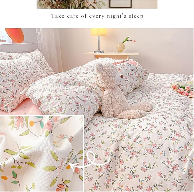 EAVD Girls Floral Duvet Cover Twin White Soft 100% Cotton Small Cute Floral Botanical Bedding Set with 2 Pillowcases Chic Shabby Vintage Garden Floral Botanical Duvet Cover with Zipper Closure
