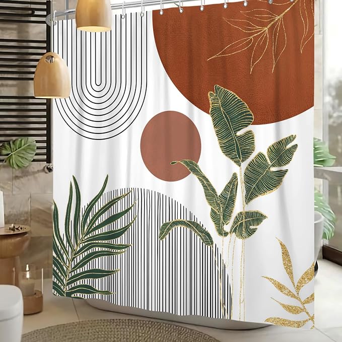 Mid Century Boho Shower Curtain, Abstract Modern Sun Minimalist Aesthetic Shower Curtain, Bohemian Geometric Arch Curve Leaves Neutral Art Fabric Bathroom Curtains Orange 72x78 inch