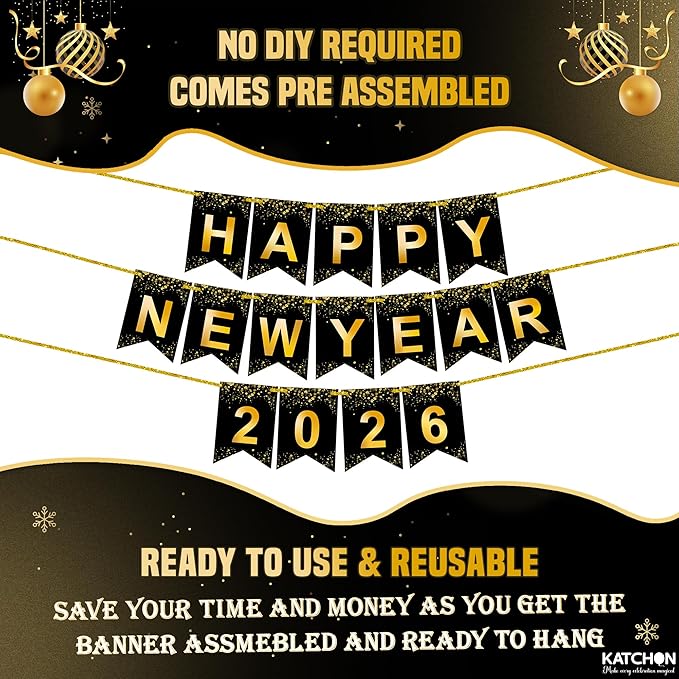 KatchOn, Happy New Year Banner - Large 10 Feet | New Year Sign for New Years Decorations 2026 | New Year's Garland for New Years Eve Party Supplies 2026 | NYE Decorations 2026