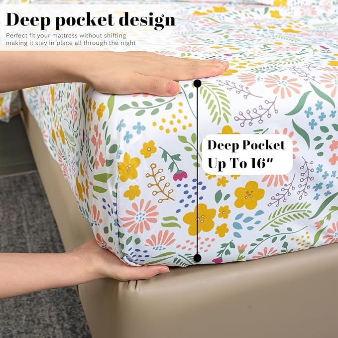 Bedlifes Queen Sheet Set Ultra Soft, Breathable, Silky Flower Deep Pocket 100% Microfiber Bedding, 4 Piece Queen Size Floral