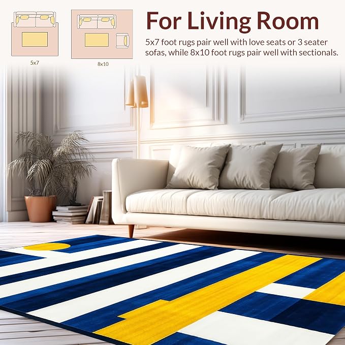 Flatwoven High Traffic Area Rug 5x7, Contemporary Striped Rug Clean Lines & Bold Hues, Non Slip, Stain Resistant, Washable Area Rugs for Living Room, Bedroom (Blue, 5x7)