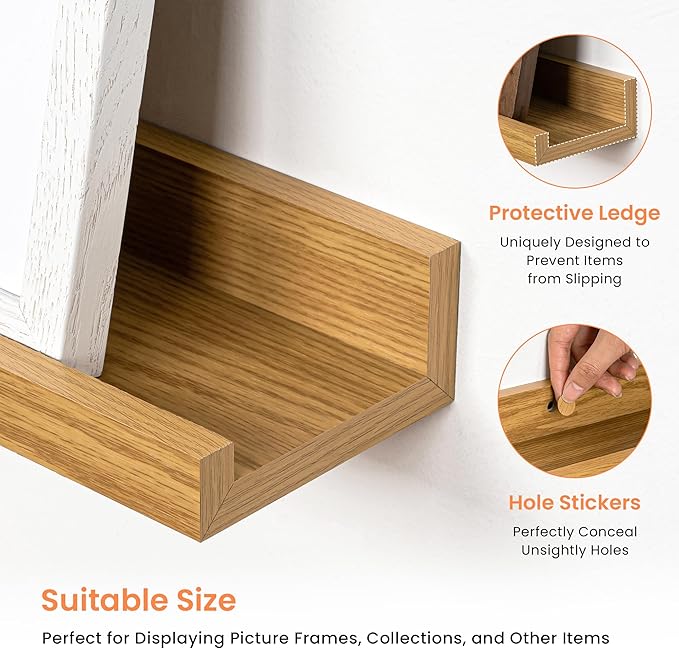 RICHFOCUS Picture Ledge Shelf, 40 inch Floating Shelves Set of 2, Wood Wall Shelves with Lip, Wall Decor Storage for Bedroom Living Room Bathroom Kitchen Nursery Photo Picture, Oak