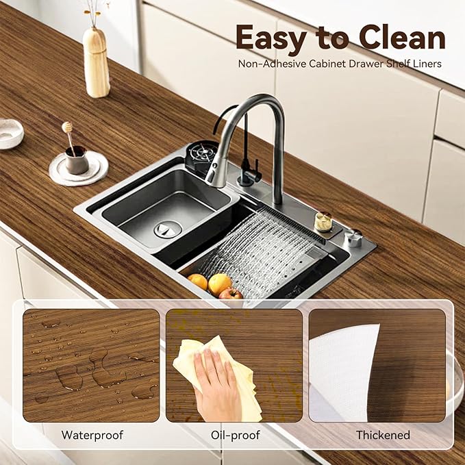 Drawer Shelf Liner for Kitchen Cabinets, Non Adhesive Slip Resistant Shelf Paper Easy to Clean, Strong Grip Thickened Waterproof Washable Mats for Pantry Shelves, Cupboard, Wood Grain, 12 in x 30 FT