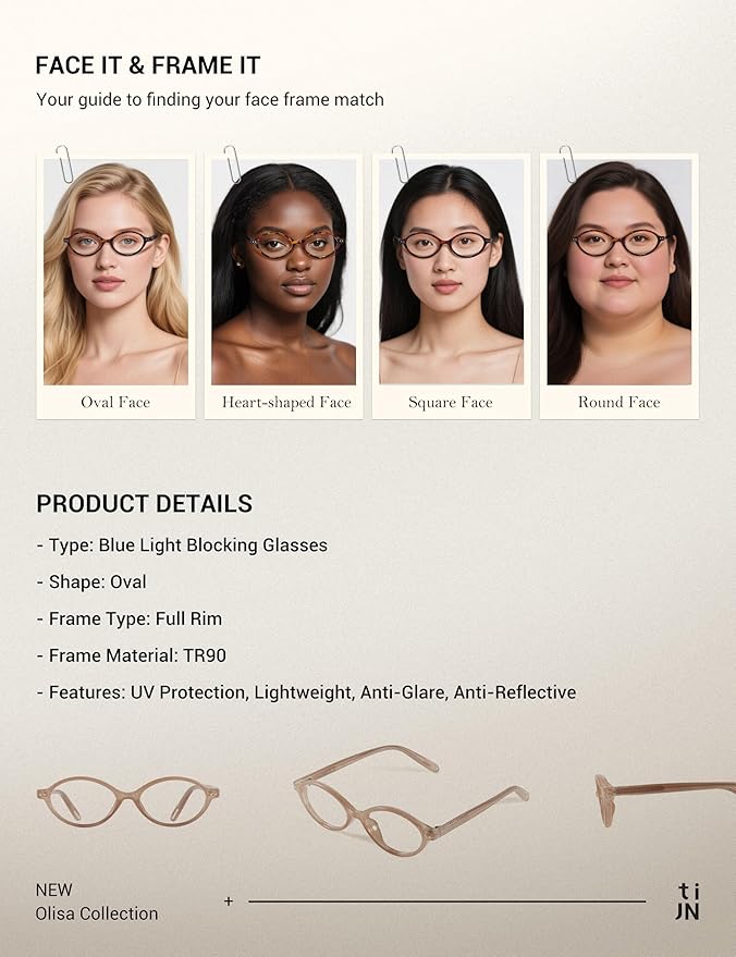 TIJN Olisa Blue Light Blocking Glasses for Women Men,Oval Glasses Frame Bluelight Glasses for Gaming/Computer/Screen