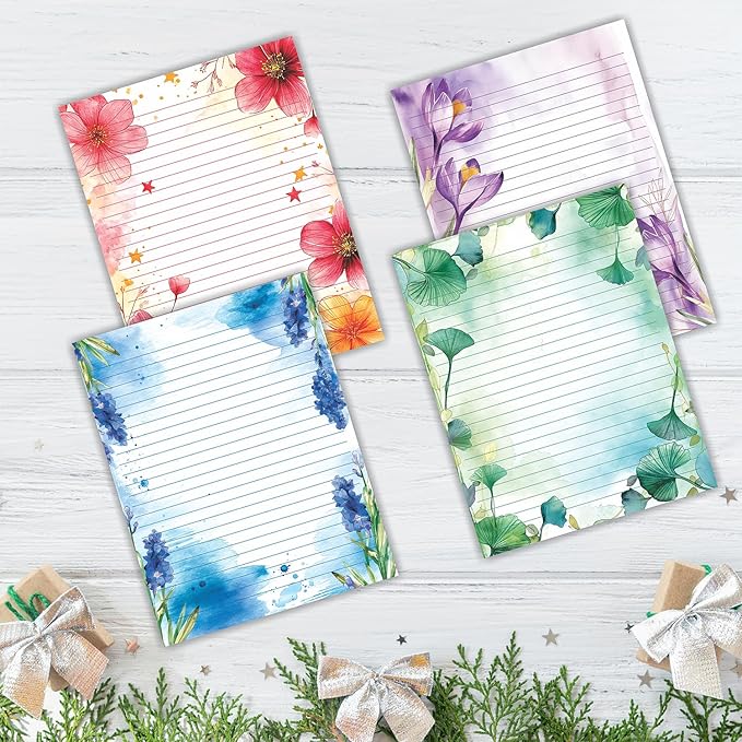 PARTH IMPEX 56 Sheets Watercolor Floral Lined Writing Paper 8.5x11 - Letter Size Ruled Stationery Letterhead Printer Paper - 120gsm Thick Decorative scrapbooking Colored Antique Aged Flowers Design