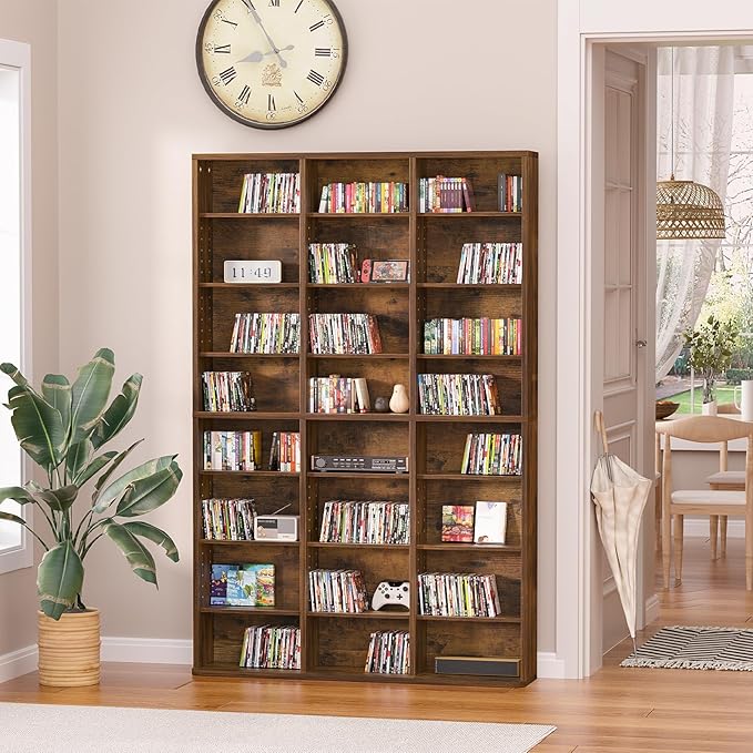 LELELINKY 8 Tier Tall Display Cabinet, Brown Media Storage Cabinet with Adjustable Shelves, Free Standing DVD Organizer Shelf, Floor Multimedia Storage Manga Bookshelf for Living Room & Home Office.