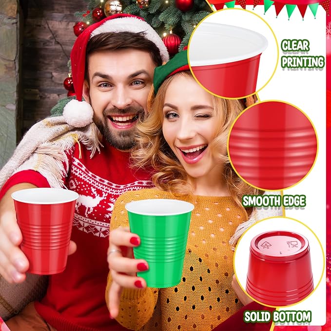 200 Pcs Red and Green Christmas Plastic Cups 12 oz, Bulk Green and Red Disposable Xmas Party Cups for Merry Christmas Holiday Wedding Birthday Theme Party Supplies Decorations