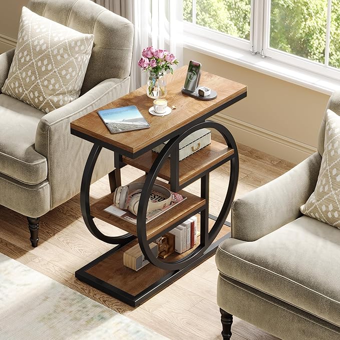 Tribesigns End Table Set of 2, 4-Tier Narrow Side Table with Storage Shelves, Wood Small Sofa Side Table with Geometric Metal Frame, Industrial Bedside Table for Bedroom, Living Room, Natural Brown