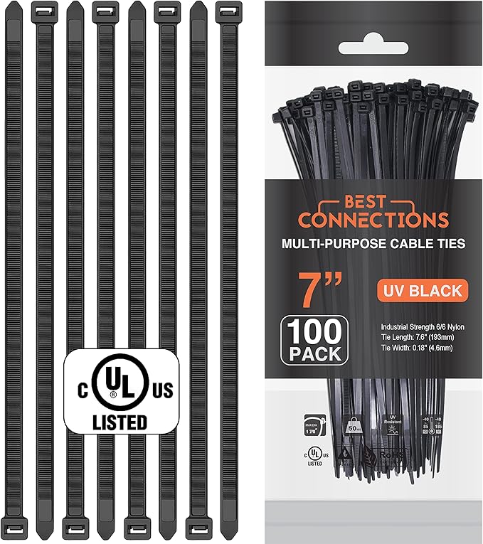 BEST CONNECTIONS 100 Ft – 1/2" Diameter Split Wire Loom Flex-Guard Convoluted Tubing with 100 Pcs 7" Nylon Cable Zip Ties Protective Split Cable Sleeves for Automotive Home Electrical Wires Black